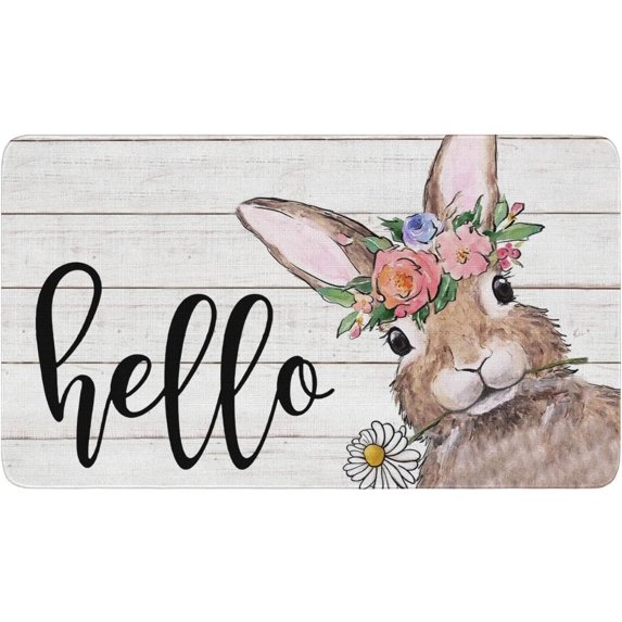 Hello Easter Door Mat - Spring Summer Bunny and Floral Decor Mat 30x17 in - Indoor Outdoor Non-Slip Entryway Rug - Easter Spring Holiday Decor