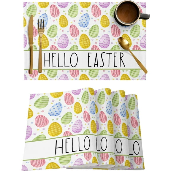 Hello Easter Placemats Set of 6, Colorful Eggs Placemat for Dining Tableations, Washable Cotton Linen Spring Place Mats, Egg Table Mats for Kitchen Dinner Seasonal Holiday Party Decor