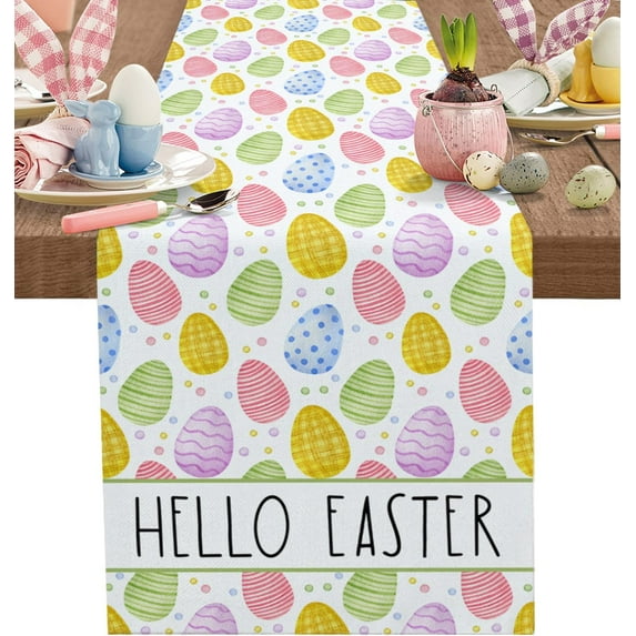 Hello Easter Table Runner 13x36 Inches Long Eggs Runner for Table Colorful Egg Small Table Runners Washable Dresser Scarf for Kitchen Coffee Dining Seasonal Spring Holiday Party Decor