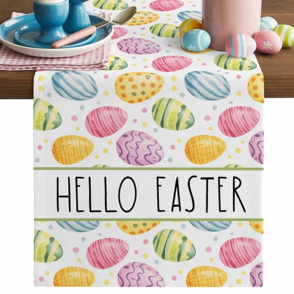 Hello Easter Table Runner, Watercolor Spring Green Blue Yellow Pink Purple Easter Eggs Cotton Linen Kitchen Table Decoration Washable Dining Tabletop Runners for Home Party Decor 13x108 Inches