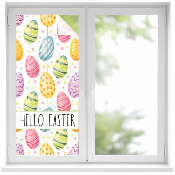 Hello Easter Window Privacy Film, Watercolor Spring Green Blue Yellow Pink Purple Easter Eggs Frosted Glass Window Clings Static Cling UV Heat Blocking Reusable Sticker for Bedroom 19.6x39.3 Inch