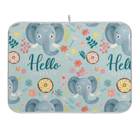 Hello Elephants Face Dish Drying Mat 16x18 Absorbent Microfiber Draining Rack Pad for Kitchen Counter Sink