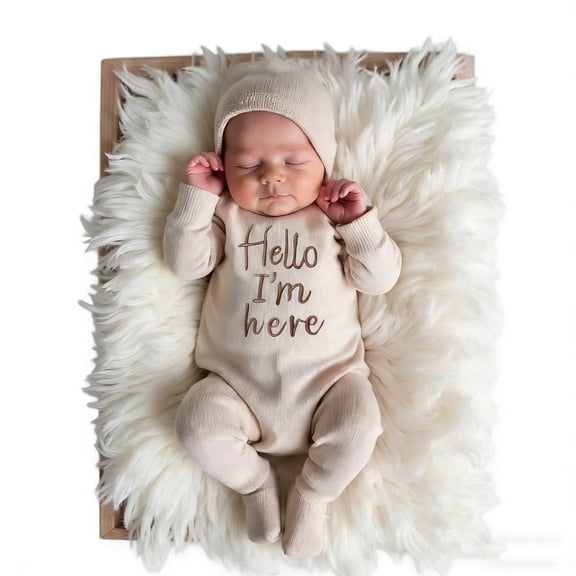"Hello" Embroidery Knitting Onesie Newborn Birth Announcement Outfits Footed Jumpsuit Baby Boy Girl Photography Props Newborn