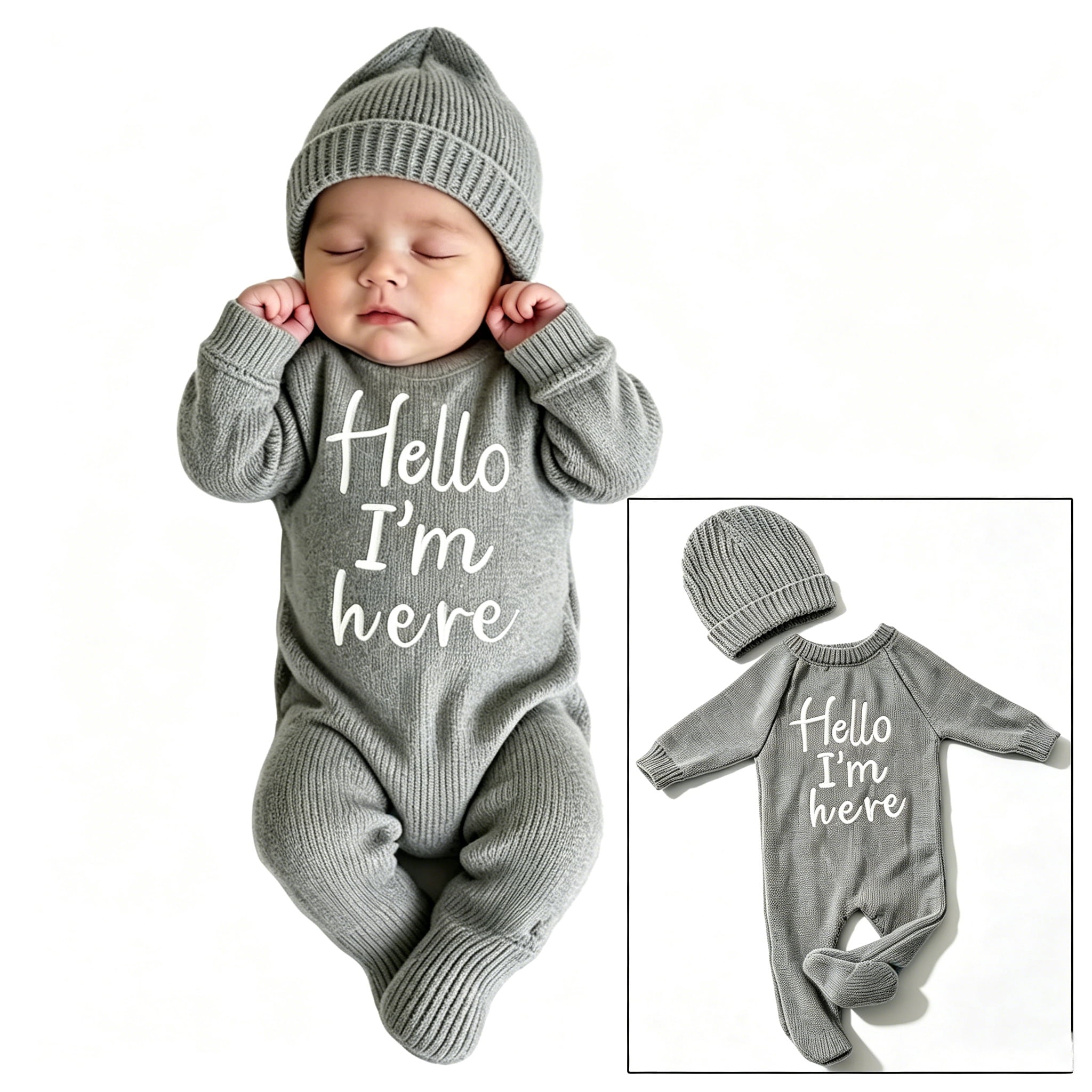 "Hello" Embroidery Knitting Onesie Newborn Birth Announcement Outfits Footed Jumpsuit Baby Boy Girl Photography Props Newborn