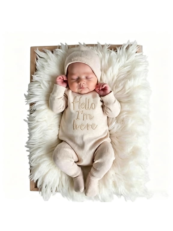 "Hello" Embroidery Knitting Onesie Newborn Birth Announcement Outfits Footed Jumpsuit Baby Boy Girl Photography Props Newborn