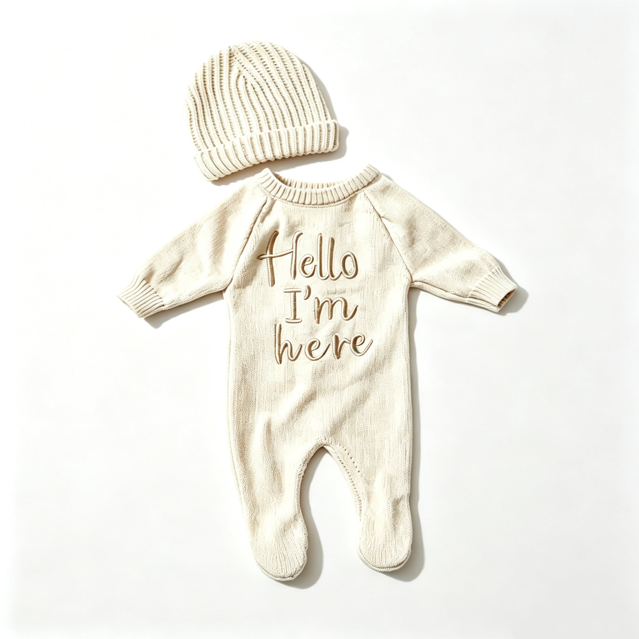 "Hello" Embroidery Knitting Onesie Newborn Birth Announcement Outfits Footed Jumpsuit Baby Boy Girl Photography Props Newborn