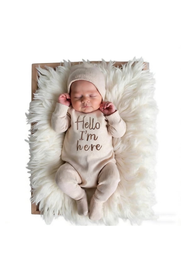 "Hello" Embroidery Knitting Onesie Newborn Birth Announcement Outfits Footed Jumpsuit Baby Boy Girl Photography Props Newborn