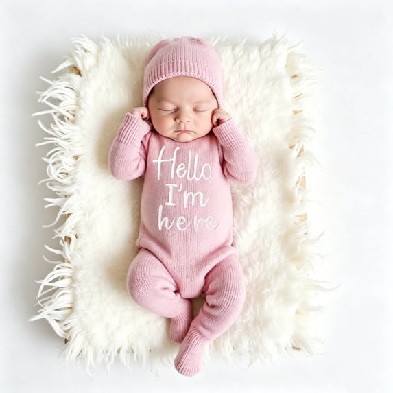 "Hello" Embroidery Knitting Onesie Newborn Birth Announcement Outfits Footed Jumpsuit Baby Boy Girl Photography Props Newborn