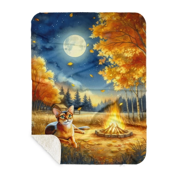 Hello Fall Abyssinian Enjoys Warm Campfire Autumn Night Bright Moon Cozy Sherpa Blanket Cat Lover Kitten Owner Gifts Warm Soft Throw Blanket - 01008