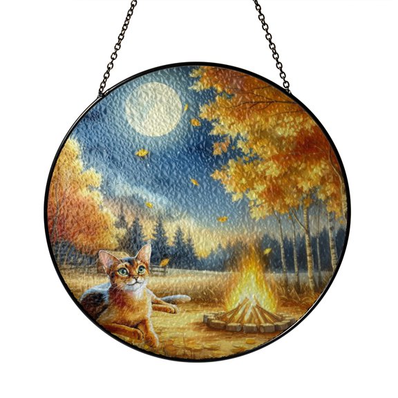 Hello Fall Abyssinian Enjoys Warm Campfire Autumn Night Bright Moon Stained Glass Suncatcher Cat Lover Kitten Owner Gifts Window Hanging Sign Decor - 01008