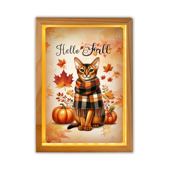 Hello Fall Abyssinian Scarf Welcome Autumn with Leaves Pumpkins Acrylic Plaque with Wood Photo Frame Box Cat Lover Kitten Owner Gifts Light Box - 00011