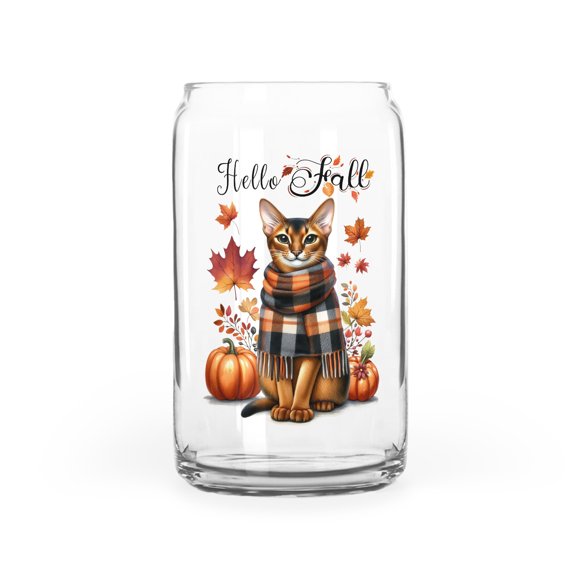 Hello Fall Abyssinian Scarf Welcome Autumn with Leaves Pumpkins 16oz Glass Cup Mug Cat Lover Kitten Owner Gifts Glass Can - 00011