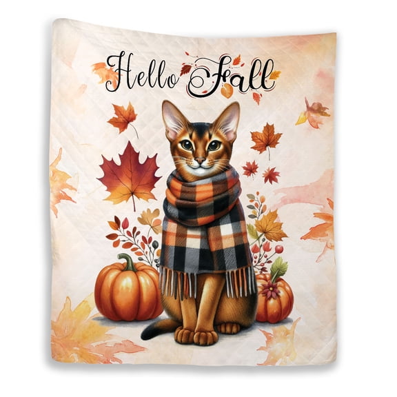 Hello Fall Abyssinian Scarf Welcome Autumn with Leaves Pumpkins Quilt Blanket Cat Lover Kitten Owner Gifts Cozy Comforter Throw Blanket - 00011