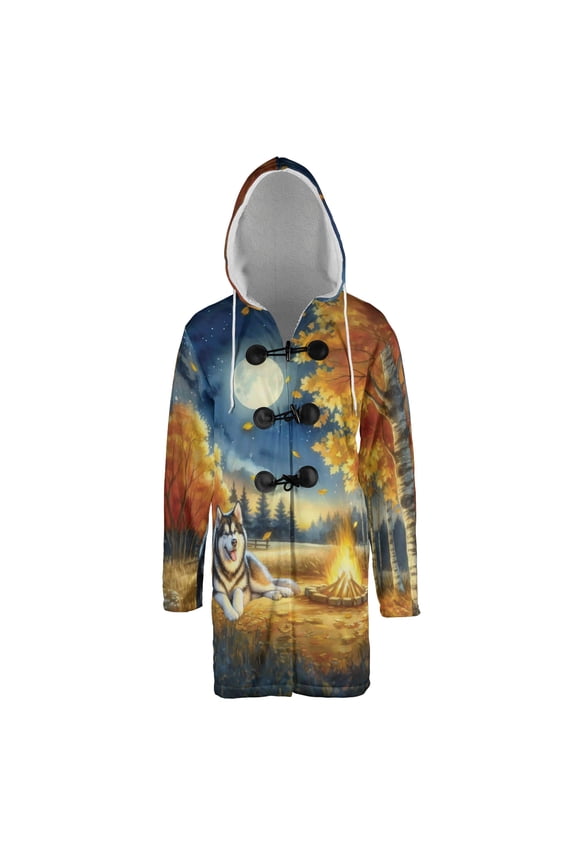 Hello Fall Alaskan Malamute Enjoys Warm Campfire Autumn Night Bright Moon All Over Print 3D Hooded Duffle Toggle Coat Alaska Mal Dog Lovers Gifts - 01008