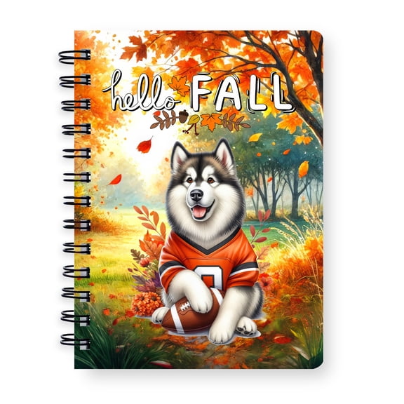 Hello Fall Alaskan Malamute Football Welcome Autumn with Leaves Pumpkins Spiral Bound Journal Alaska Mal Dog Lovers Gifts 5x7in Spiral Notebook - 00012