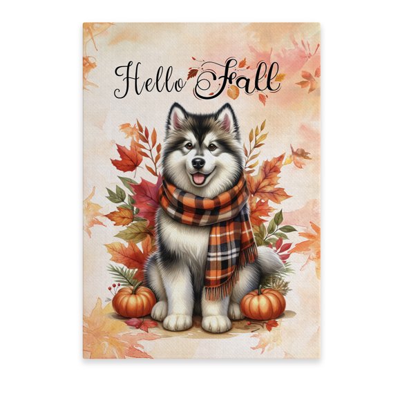 Hello Fall Alaskan Malamute Scarf Welcome Autumn with Leaves Pumpkins Vertical Matte Canvas Poster Alaska Mal Dog Lovers Gifts Wall Art Home Decor - 00011