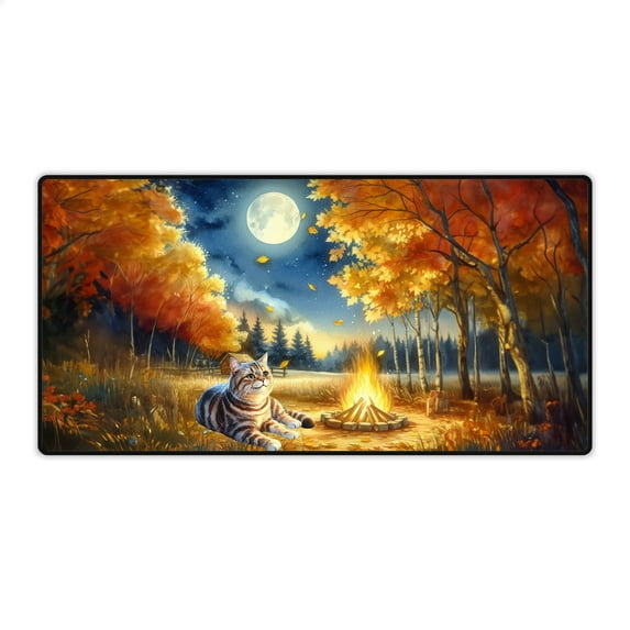Hello Fall American Shorthair Enjoys Warm Campfire Autumn Night Bright Moon Desk Mat Full Keyboard Mouse Pad Cat Lover Kitten Owner Gifts Large Mousepad - 01008