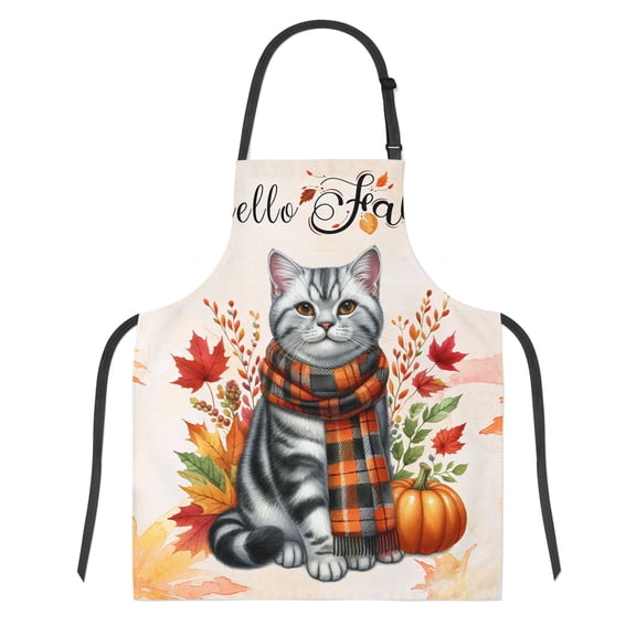 Hello Fall American Shorthair Scarf Welcome Autumn with Leaves Pumpkins Apron Cat Lover Kitten Owner Gifts for Cooking Grilling Baking Painting Gardening - 00011