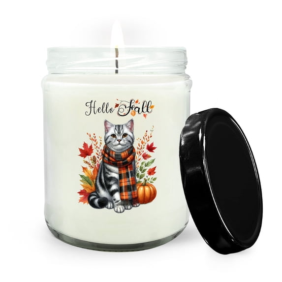 Hello Fall American Shorthair Scarf Welcome Autumn with Leaves Pumpkins Soy Wax Candle Cat Lover Kitten Owner Gifts 16oz White Vanilla Candle - 00011