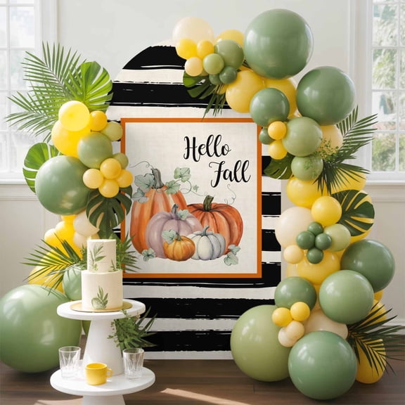 Hello Fall Arch Backdrop Cover, 5FT, Orange White Pumpkin Vintage Black White Stripes Spandex Arch Covers Double-Sided Backdrop for Wedding Birthday Party Photo Background Decoration