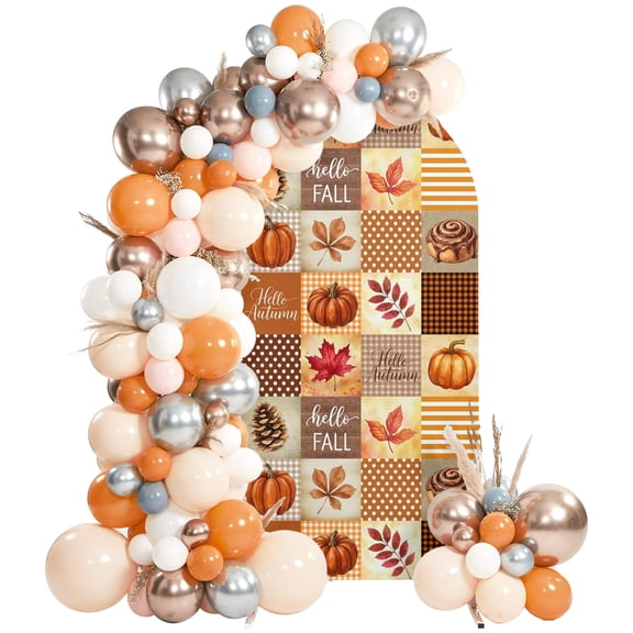 Hello Fall Arch Backdrop Cover 6.6Ft, Wedding Arch Covers Stretchy Backdrop, Orange Plaid Pumpkins Maple Leaf Thanksgiving Fitted 2 Sided Arched Photo Background for Birthday Party Decorations