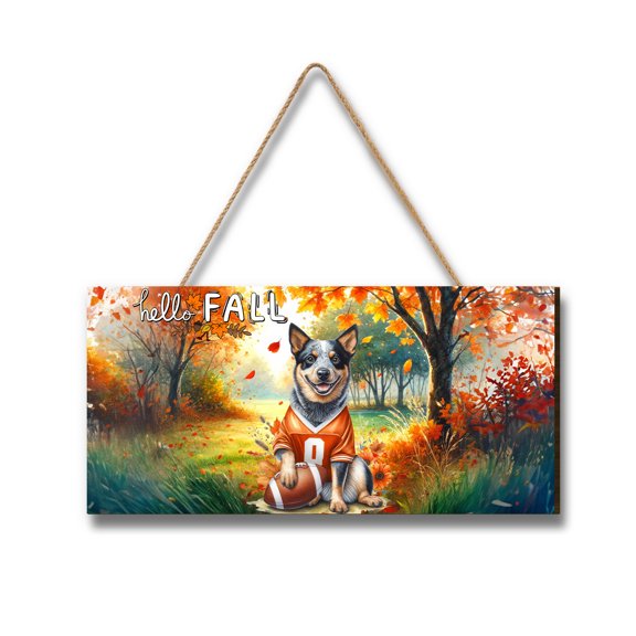 Hello Fall Australian Cattle Dog Football Welcome Autumn with Leaves Pumpkins Landscape Wood Sign Heeler Lover Gifts Hanging Wall Home Decor - 00012