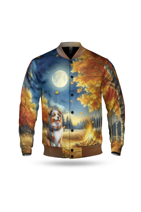 Hello Fall Australian Shepherd Enjoys Warm Campfire Autumn Night Bright Moon All Over Print 3D Baseball Jacket Aussie Dog Lover Gifts Bomber Jacket Softball - 01008