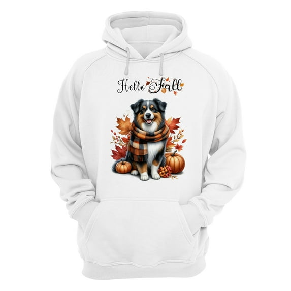 Hello Fall Australian Shepherd Scarf Welcome Autumn with Leaves Pumpkins Hoodie Unisex Merch Hoodies Aussie Dog Lover Gifts - 00011