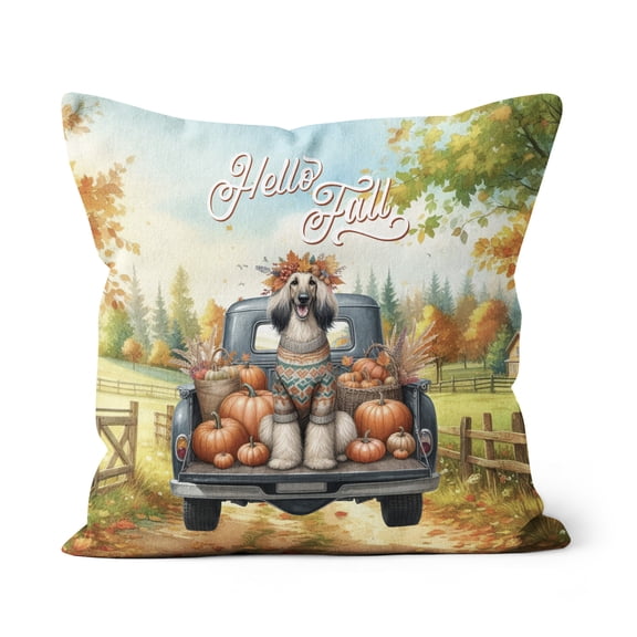 Hello Fall Autumn Afghan Hound Pumpkins Pickup Truck Pillow Cushion Double Sided Dog Lover Throw Pillow - 13011