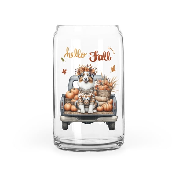 Hello Fall Autumn Australian Shepherd Pumpkins Pickup Truck 16oz Glass Cup Mug Aussie Dog Lover Gifts Glass Can - 13011
