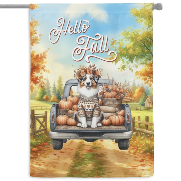 Hello Fall Autumn Australian Shepherd Pumpkins Pickup Truck House Flag 28x40in Double Sided Aussie Dog Lover Gifts Outdoor Decor - 13011
