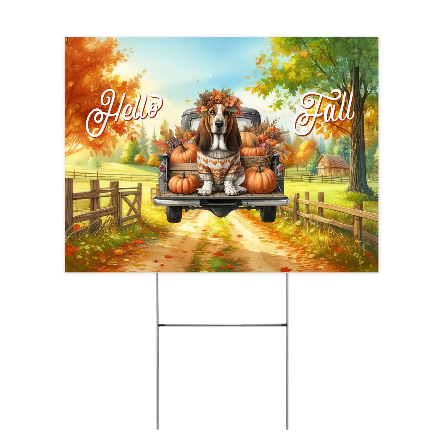 Hello Fall Autumn Basset Hound Pumpkins Pickup Truck Yard Sign Bassets ...
