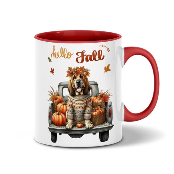 Hello Fall Autumn Bloodhound Pumpkins Pickup Truck 11oz Accent Two-tone Mug Dog Lover Coffee Tea Cup - 13011