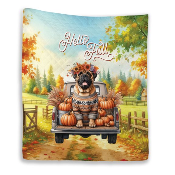 Hello Fall Autumn Bullmastiff Pumpkins Pickup Truck Quilt Blanket Dog Lover Cozy Comforter Throw Blanket - 13011