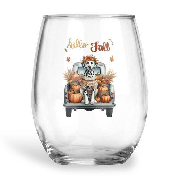 Hello Fall Autumn Dalmatian Pumpkins Pickup Truck 15oz Stemless Wine Glass Mug Dog Lover Wine Glasses Cup - 13011