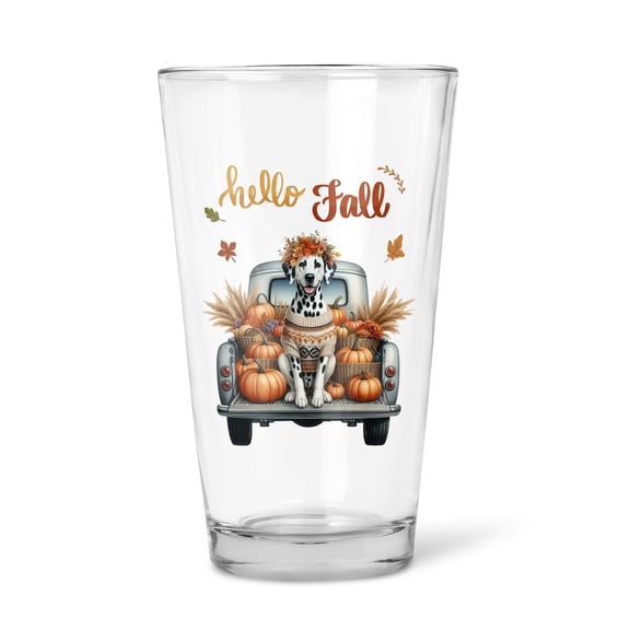 Hello Fall Autumn Dalmatian Pumpkins Pickup Truck 16oz Pint Beer Glass Mug Dog Lover Beer Glasses Cup - 13011