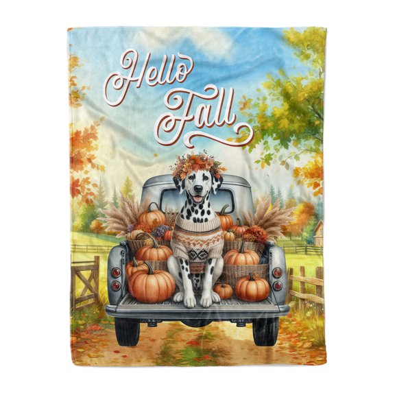 Hello Fall Autumn Dalmatian Pumpkins Pickup Truck Cozy Fleece Blanket Dog Lover Warm Soft Throw Blanket - 13011