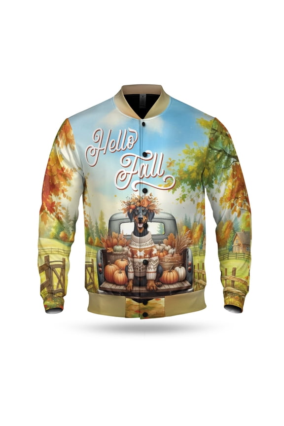 Hello Fall Autumn Doberman Pinscher Pumpkins Pickup Truck All Over Print 3D Baseball Jacket Doberman Dog Lover Gifts Bomber Jacket Softball - 13011