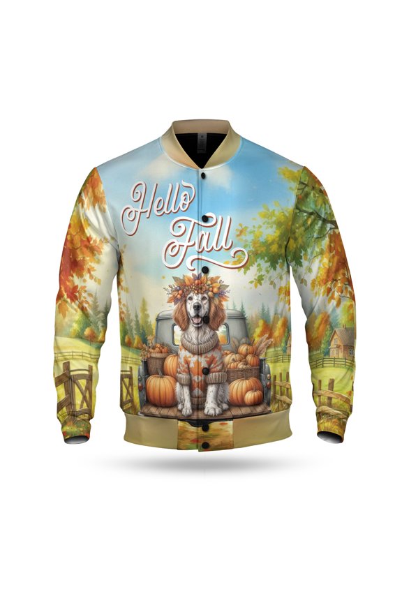 Hello Fall Autumn English Setter Pumpkins Pickup Truck All Over Print 3D Baseball Jacket Dog Lover Bomber Jacket Softball - 13011