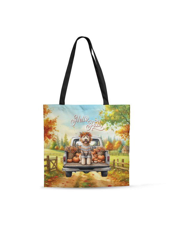 Hello Fall Autumn Goldendoodle Pumpkins Pickup Truck All Over Print 3D Canvas Tote Bag Doodle Dog Lover Gifts Idea Reusable Handbag - 13011