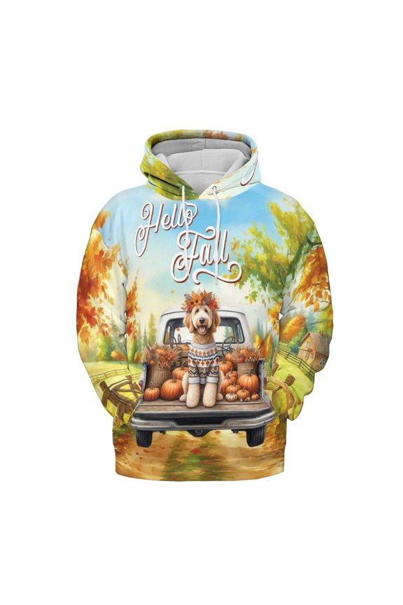 Hello Fall Autumn Goldendoodle Pumpkins Pickup Truck All Over Print 3D Hoodie Unisex Merch Hoodies Doodle Dog Lover Gifts Idea - 13011