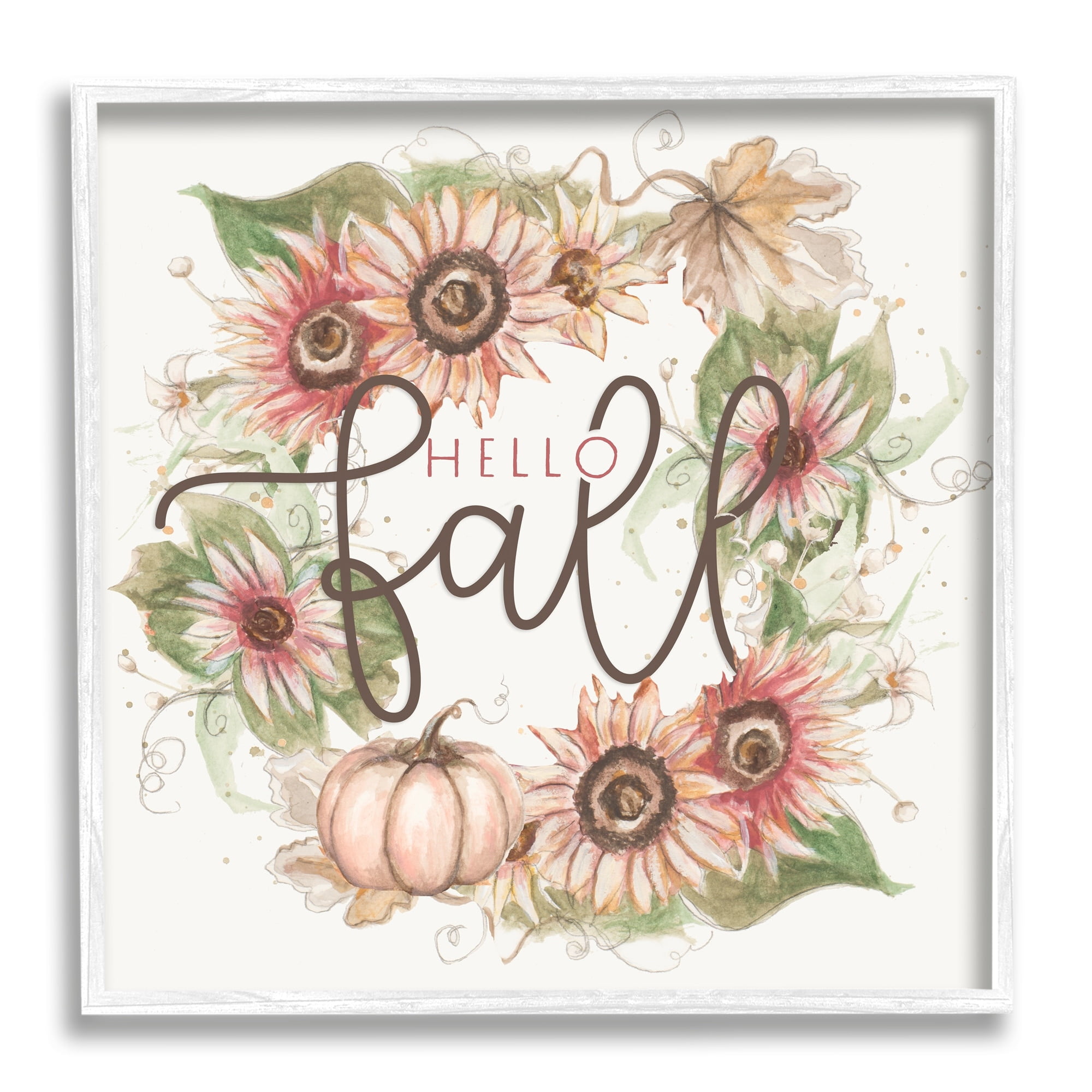 Hello Fall Autumn Greeting Floral Pumpkin Wreath Botanical & Floral Graphic Art Framed Art Print Wall Art
