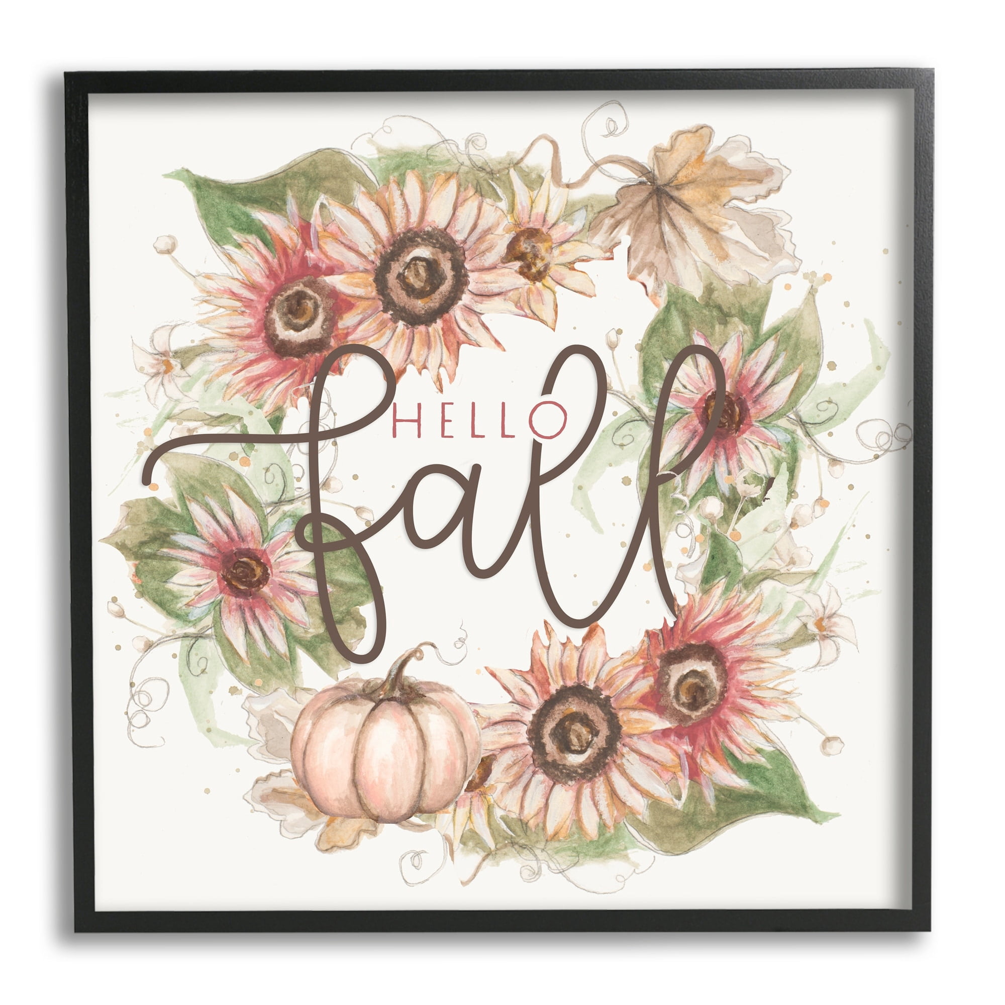 Hello Fall Autumn Greeting Floral Pumpkin Wreath Botanical & Floral Graphic Art Framed Art Print Wall Art