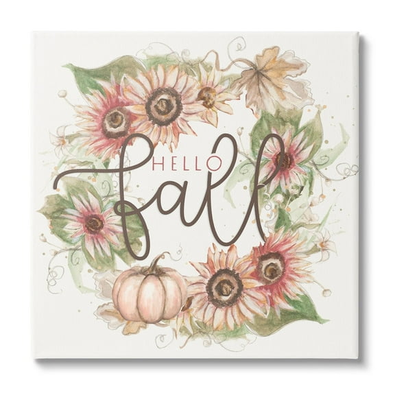 Hello Fall Autumn Greeting Floral Pumpkin Wreath Botanical & Floral Graphic Art Gallery-Wrapped Canvas Print Wall Art