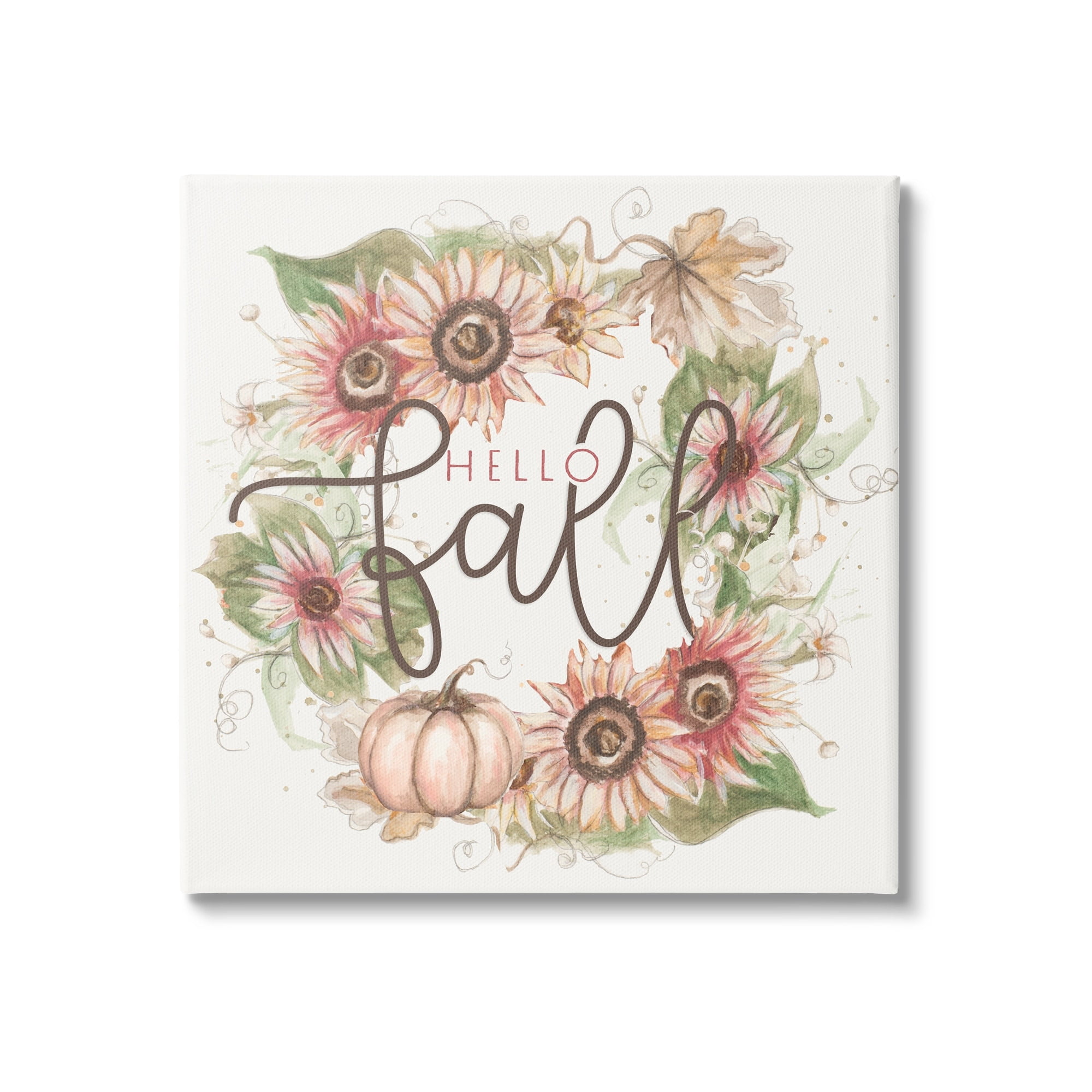 Hello Fall Autumn Greeting Floral Pumpkin Wreath Botanical & Floral Graphic Art Gallery-Wrapped Canvas Print Wall Art
