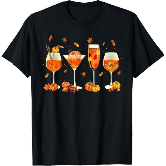 Hello Fall Autumn Leaves Pumpkin Wine Glasses Drinking Party T-Shirt