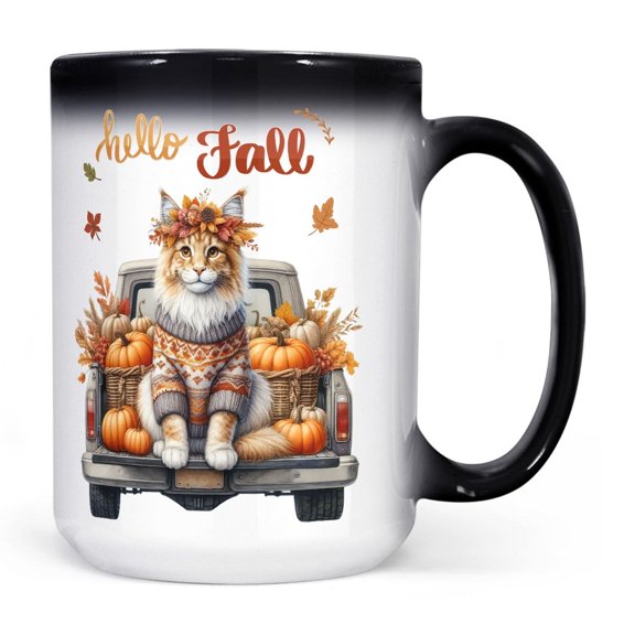 Hello Fall Autumn Maine Coon Pumpkins Pickup Truck Heat Color Changing Mug Cat Lover Kitten Owner Gifts Magic Coffee Mug - 13011