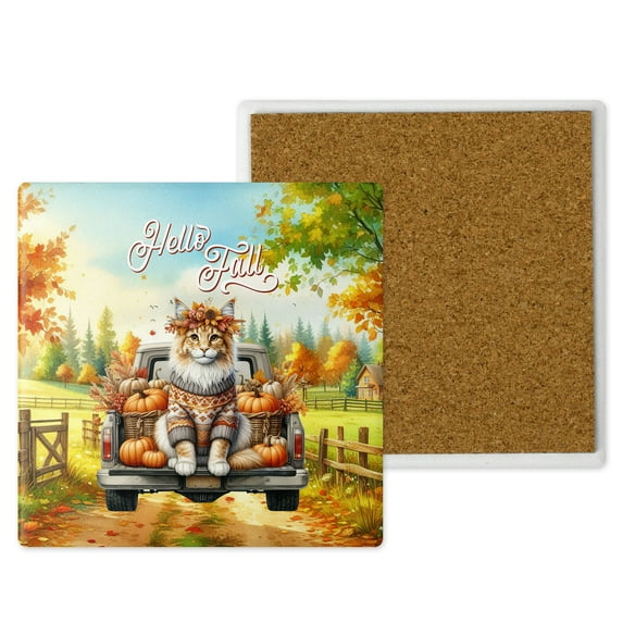 Hello Fall Autumn Maine Coon Pumpkins Pickup Truck Set of 4 Stone Coasters Cat Lover Kitten Owner Gifts 4x4in Absorbent Soapstone Coaster - 13011