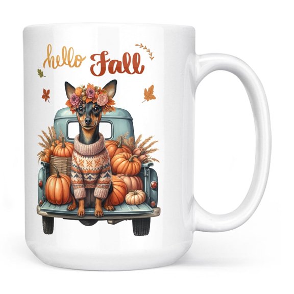 Hello Fall Autumn Miniature Pinscher Pumpkins Pickup Truck Mug Mini Pin Dog Lover Coffee Tea Cup - 13011