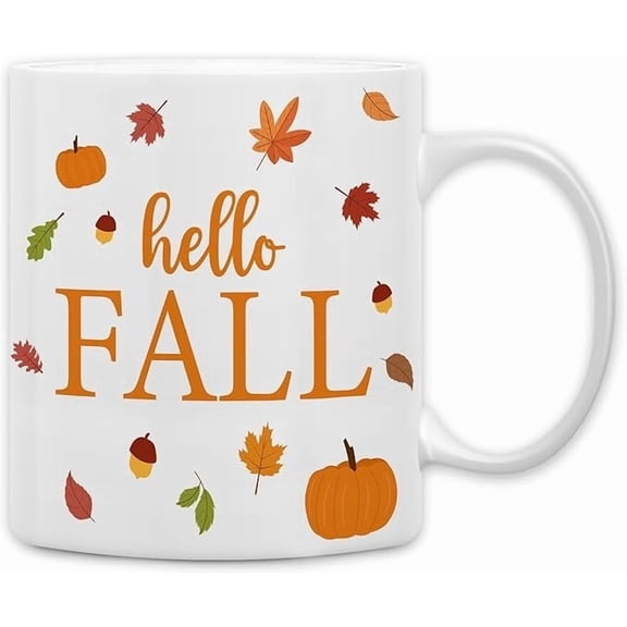 Hello Fall Autumn Mug, Fall Coffee Mug, Autumn Coffee Mug, Fall Themed Mug Tea Cup Gifts for Fall Lovers Women Men Friends, Hello Fall Leaves Pumpkin Autumn Coffee Cups Ceramic